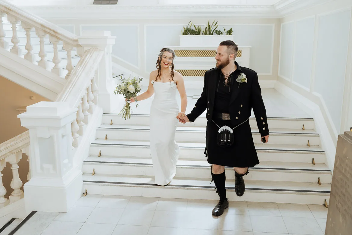 Belfast city hall wedding white stairs