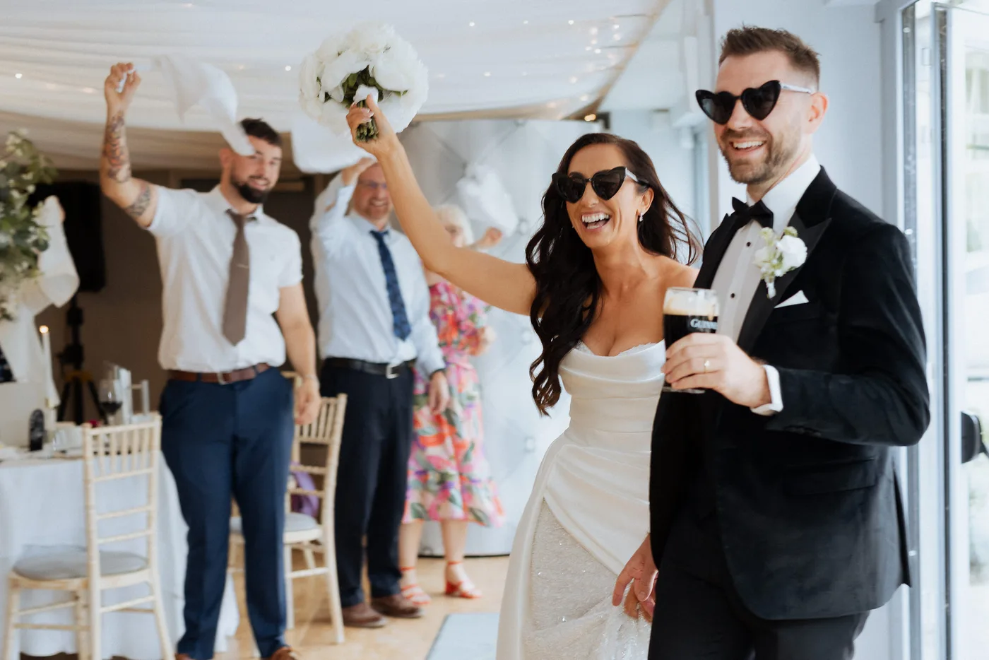 Bride groom dancing into killeavy castle pavilion