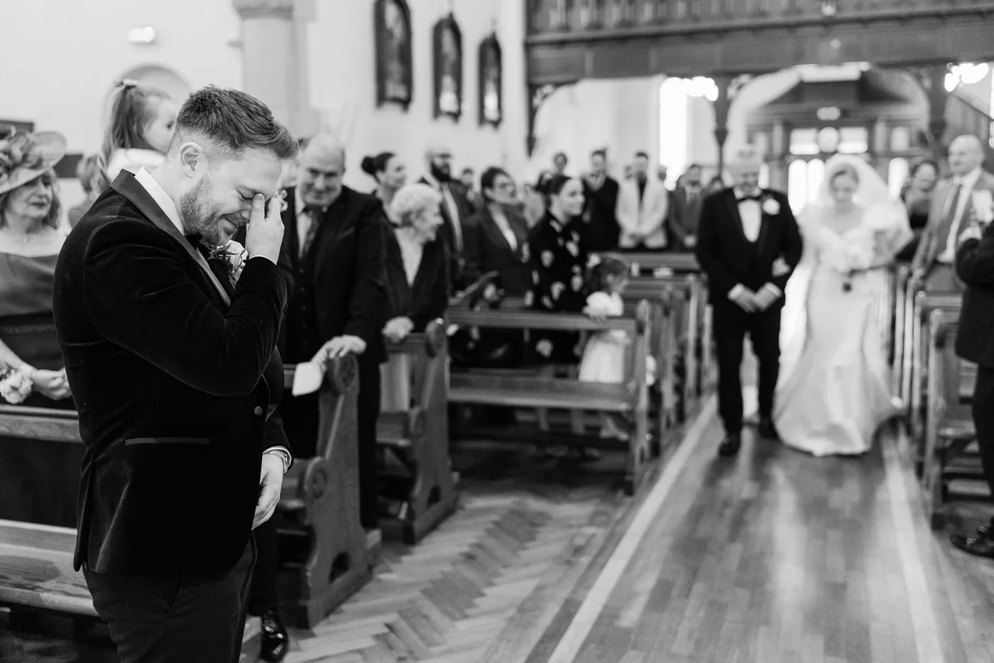 Groom seeing bride in pennyburn chapel