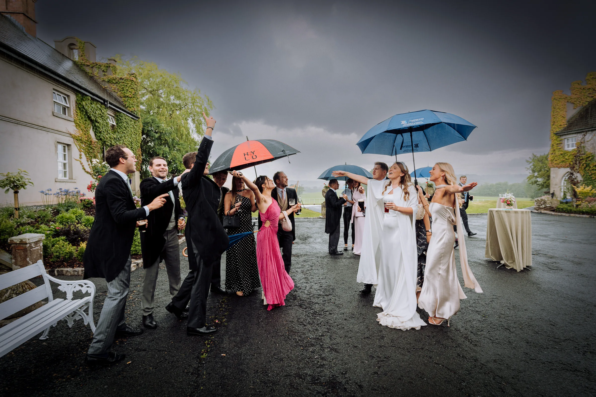 Wedding party in rain